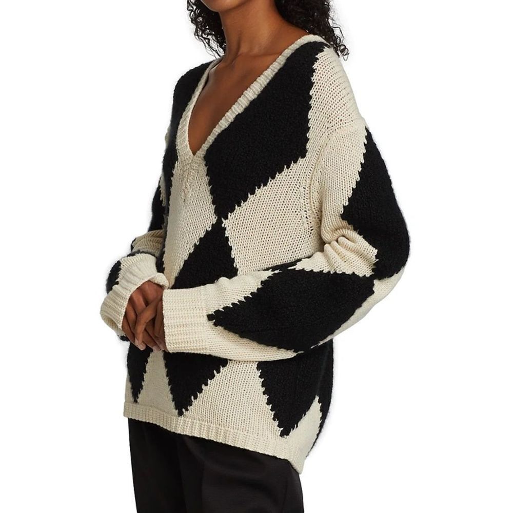 KHAITE The Valerie Argyle 100% Cashmere Academia Sweater Cream V Neck Size XS - Picture 5 of 12